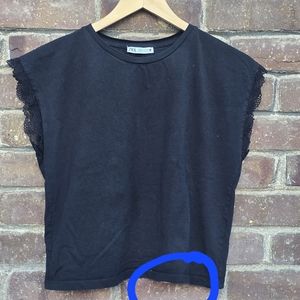 Zara Black Cotton T Shirt With Lace Cap Sleeves Sz S